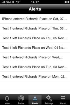 AutoAlert GPS Tracker - Alerts screen